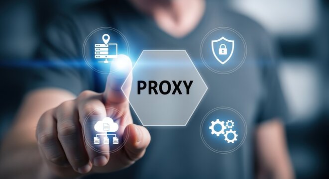 Proxy Server Concept: Man Touching Holographic Interface for Security, Cloud Computing and Network Solutions