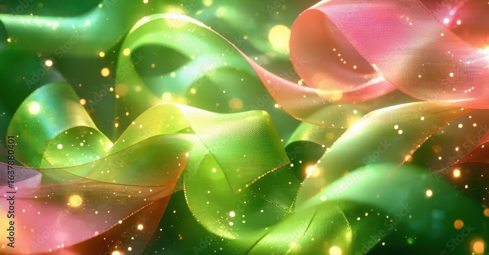 Aufkleber vibrant ribbons swirl, creating dynamic composition. soft light, bokeh effect adds festive mood. col