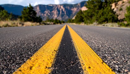 Low-angle view of a road with a bold yellow centerline stretching toward distant mountains under a clear blue sky