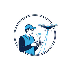 Drone Pilot Logo, Person With Remote Control and Drone in Circular Emblem, Clean Vector Design