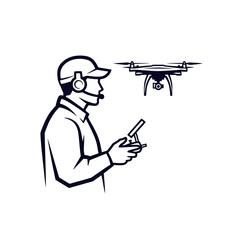 Drone Pilot Logo, Side Profile of Drone Pilot Operating Quadcopter