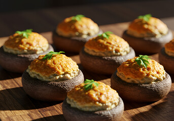 Close-Up Shot of Stuffed Mushrooms on Rustic Wooden Table in Bright Daylight Elegant Restaurant Setting