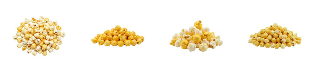 Popcorn piles kitchen food bright environment aerial snack delight. Cut out PNG set
