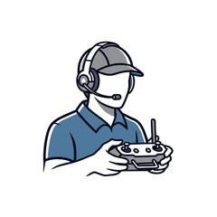 Drone Pilot Logo With Headset and Controller, Flat Vector Style