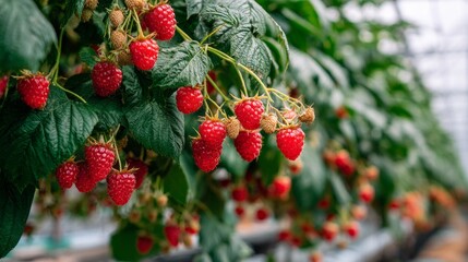 Raspberry plants growing abundantly in a greenhouse showcasing vibrant red fruit ready for harvest