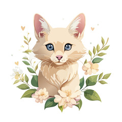 Fototapeta premium Fennec Fox Portrait with Floral Wreath Gentle Illustration Light Beige Animal Creature Cute Pet Fennec with Green Leaves