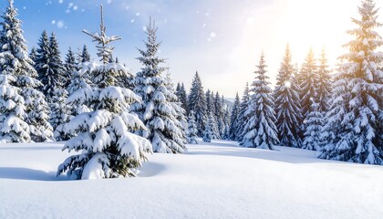 Snowy pine trees and white winter landscape.