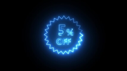 5% percent off text icon animation glowing neon blue color number font letter word. banner poster store market signboard clipboard advertising special offers sign symbol on black .