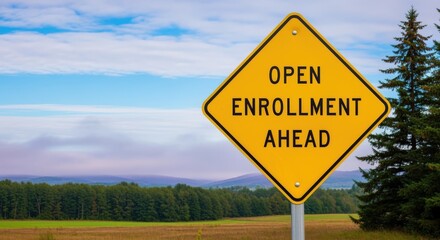 Obraz premium Open Enrollment Ahead Sign with Sky and Trees Background for Insurance Advertising and Promotion