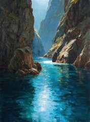 A stunning vista showcases a vibrant turquoise river flowing through a dramatic, sunlit canyon with towering rock formations.