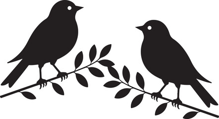Silhouette illustration of two birds sitting on a tree branch in nature