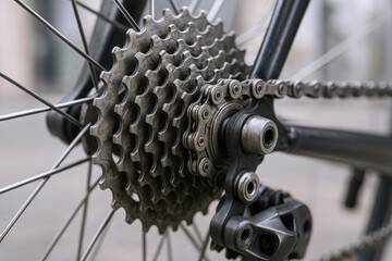 Obraz premium Bicycle Cassette Gears and Chain, Close-Up of Rear Derailleur System, Cycling Equipment Maintenance