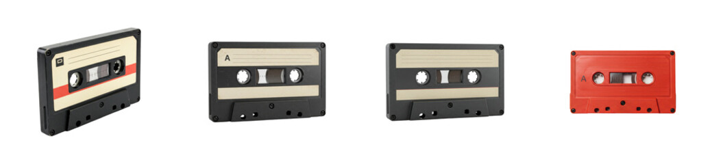 Obraz premium Exploring vintage audio cassette tapes collection home studio creative space nostalgia. Cut out PNG set