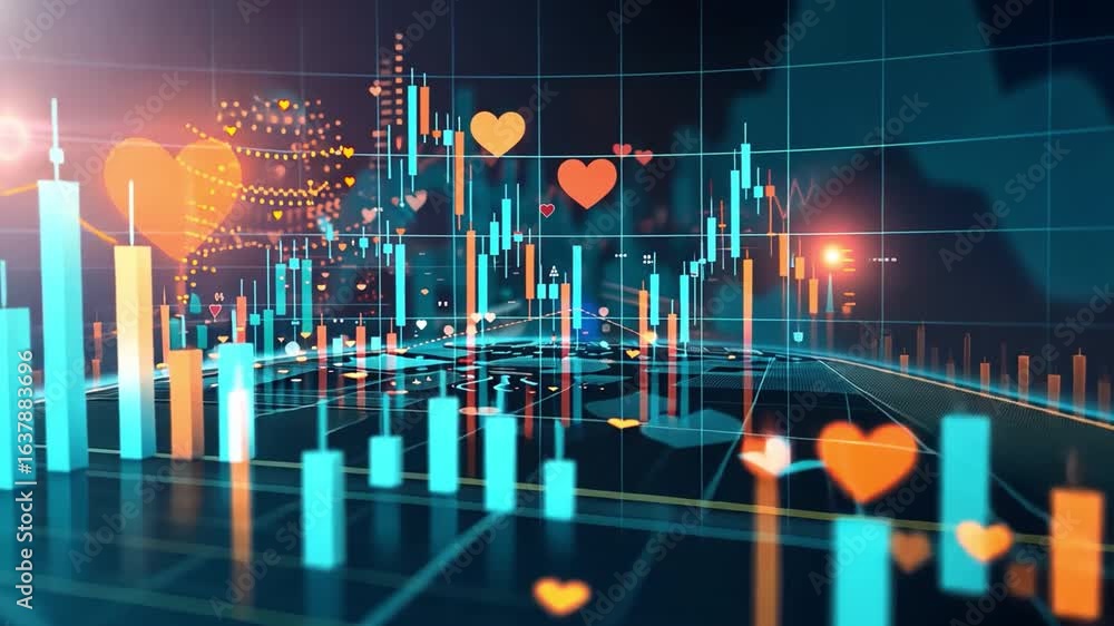Poster digital financial data visualization colorful graphs and heart icons showcasing market trends and te