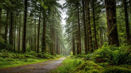 Obraz premium Lush Green Forest Path: Serene Woodland Landscape with Towering Trees and Vibrant Moss, Ideal for Nature Enthusiasts