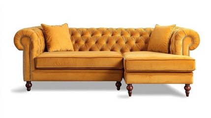 Fototapeta premium Elegant yellow velvet sofa with tufted design and decorative cushions, perfect for enhancing modern or classic interior decor.