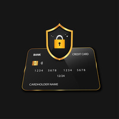 Luxury credit card with security shield, representing financial safety, trust, and secure online payments.