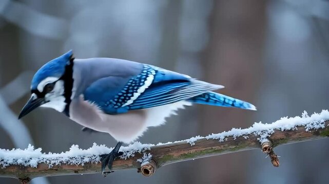 Striking blue jay perched peacefully on snow-covered branch during winter's beauty and wonder