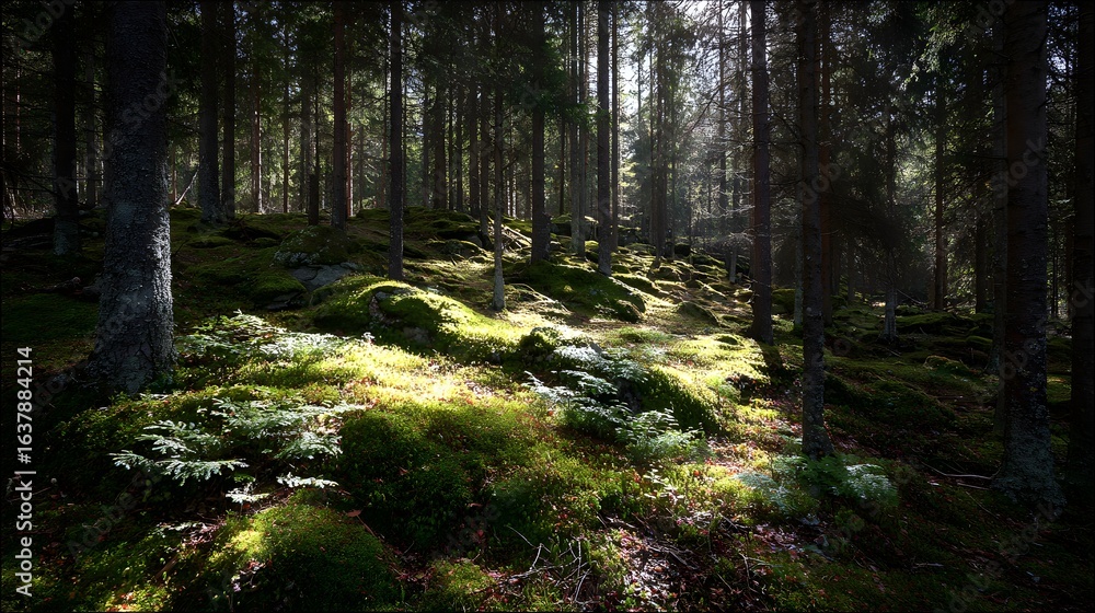 Poster sunlight filtering through a dense forest.