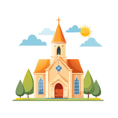 Naklejka premium Cartoon church building illustration with trees, clouds, and sunshine on a black background