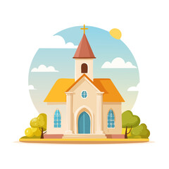 Stylized Church Building Illustration with Blue Sky, White Clouds and Green Trees