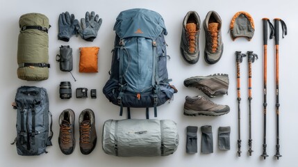 Drone shot of a collection of hiking gear: backpack, tent, boots, poles, arranged geometrically on a white background,