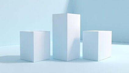 Obraz premium Three simple white cubic display stands against a light blue background.