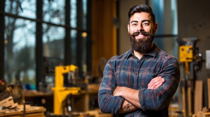A confident man with a full beard stands in a woodworking workshop wearing a blue plaid shirt,