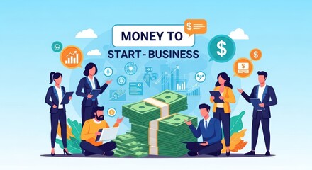 Fototapeta premium Illustration depicting a group of entrepreneurs securing funding to start a business venture