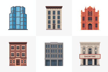 Obraz premium Historic and modern building icons, city architecture vector, urban structure illustration, hotel and office collection, real estate design
