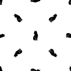 Seamless pattern of repeated black cat symbols. Elements are evenly spaced and some are rotated. Illustration on transparent background