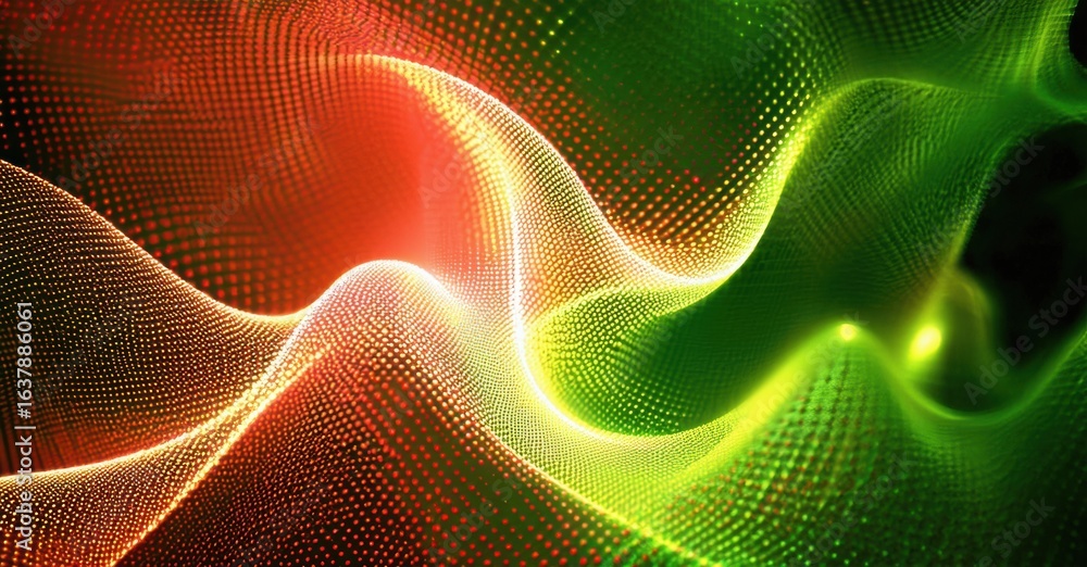 Poster abstract flowing lines, vibrant red transitions to green. particle effects create dynamic, luminous 