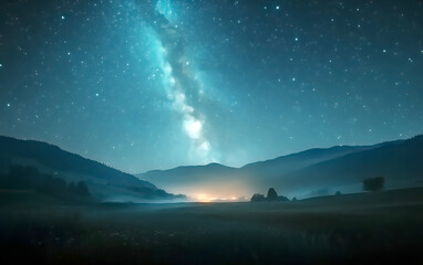 Fototapeta premium Milky Way Galaxy Shining over Mountains in Atmospheric Night Scene.