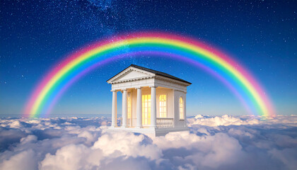 Celestial Sanctuary: A serene neoclassical temple, seemingly afloat amidst fluffy clouds and arched by a vivid rainbow, epitomizing a blend of architectural artistry and celestial fantasy.