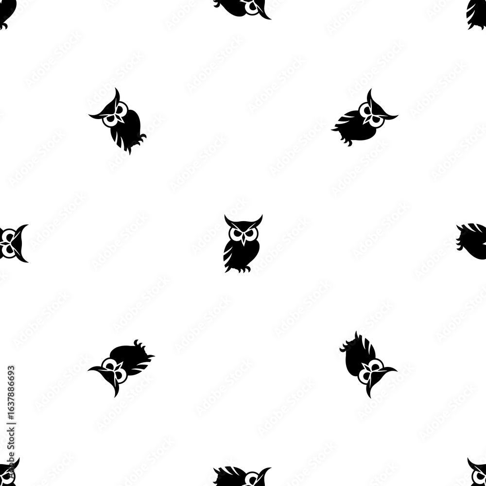 Poster seamless pattern of repeated black owl symbols. elements are evenly spaced and some are rotated. ill