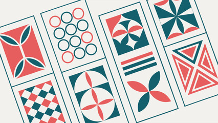 Obraz premium Geometric Pattern Featuring Circles Triangles Squares and Floral Motifs.