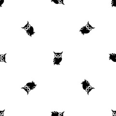 Seamless pattern of repeated black owl symbols. Elements are evenly spaced and some are rotated. Illustration on transparent background