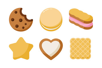 Star and heart cookie icons, biscuit and wafer vector, sweet dessert illustration, bakery snack collection, tasty treat design