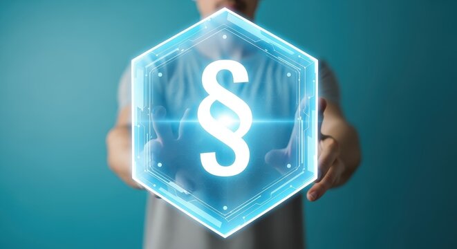 Person Holding Holographic Paragraph Symbol: Legal Technology Concept Depicting Law, Regulations, and Legal Representation
