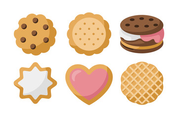 Chocolate chip cookie icons, biscuit and sandwich cookie vector, sweet dessert illustration, bakery snack collection, tasty treat design