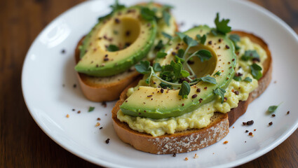 Creamy Avocado Toast with Chili Flakes and Microgreens – Healthy Breakfast Close-Up

