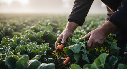 Fototapeta premium Farmer Hands Harvesting Fresh Organic Carrots in Morning Light