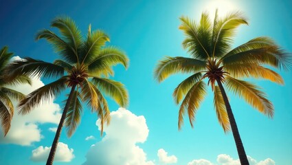 Three tropical palm trees against a vibrant blue sky.