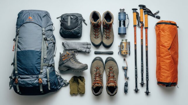 Drone shot of a collection of hiking gear: backpack, tent, boots, poles, arranged geometrically on a white background,