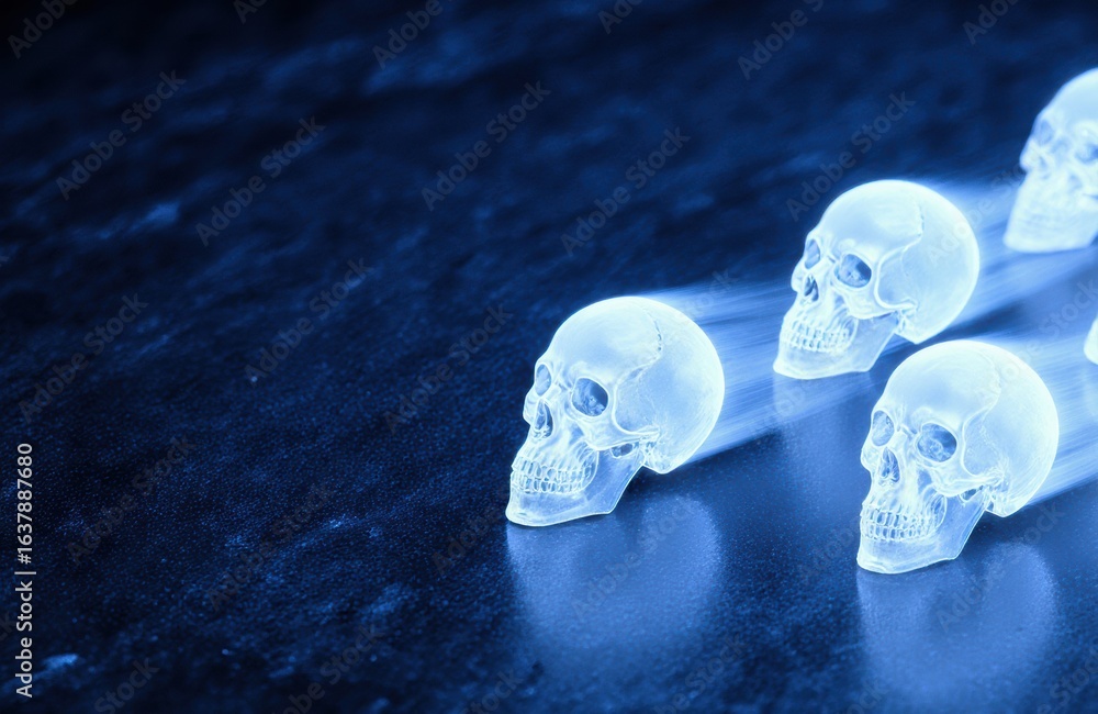 Poster illuminated skulls glow against a dark background creating a mysterious atmosphere