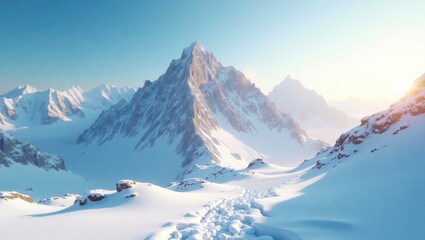 Fototapeta premium Snowy mountain range panorama at sunrise.
