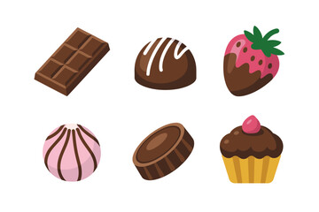 Chocolate truffle and bonbon icons, sweet candy vector, chocolate bar and strawberry illustration, dessert treat collection, confectionery design