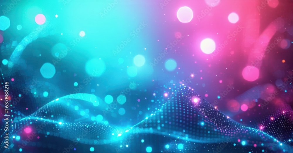 Poster abstract background features vibrant blue, pink hues. flowing waves, particle effects create dynamic