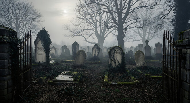 A foggy graveyard with old tombstones covered in ivy and a wrought iron gate in the foreground view ai generated