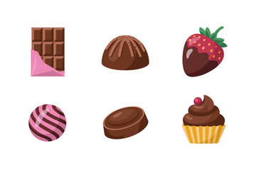 Chocolate and cupcake icon set, sweet candy vector, chocolate bar and strawberry illustration, dessert treat collection, confectionery design